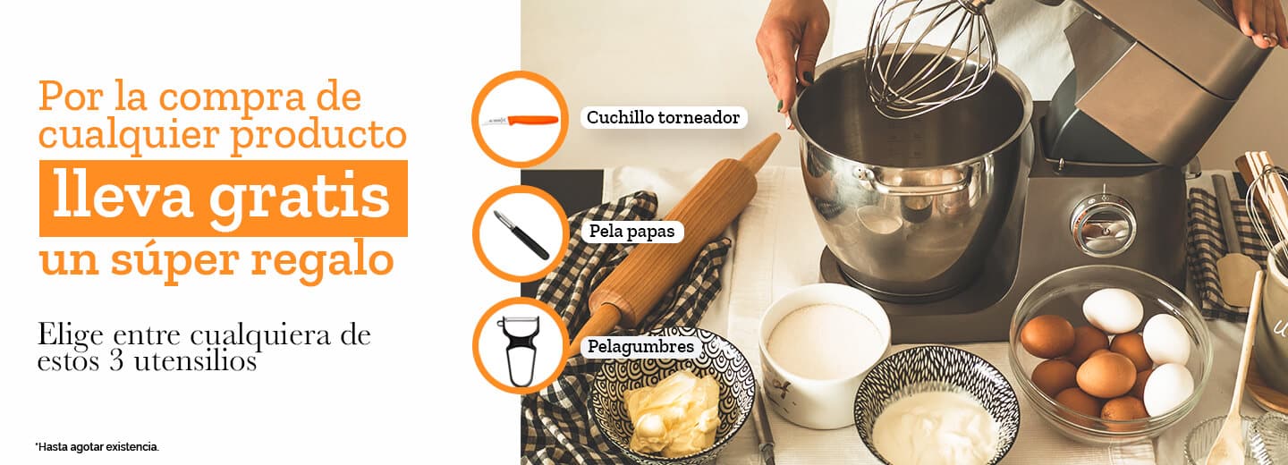 Por la compra de
cualquier producto lleva gratis un súper regalo Elige entre cualquiera de estos 3 utensilios - Cuchillo torneador - Pela papas - Pelagumbres
