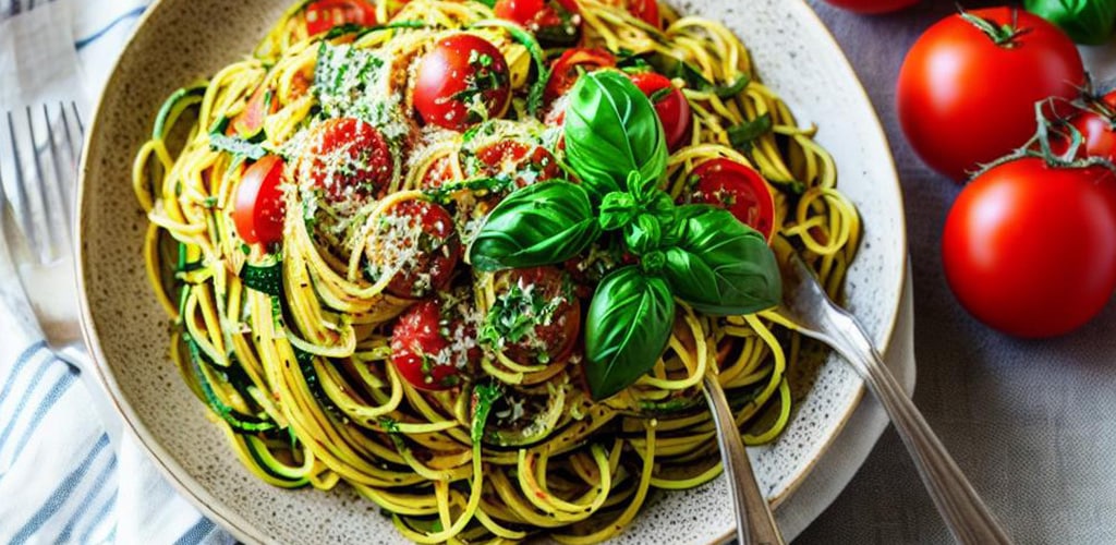 Espagueti con calabacín, tomate y albahaca