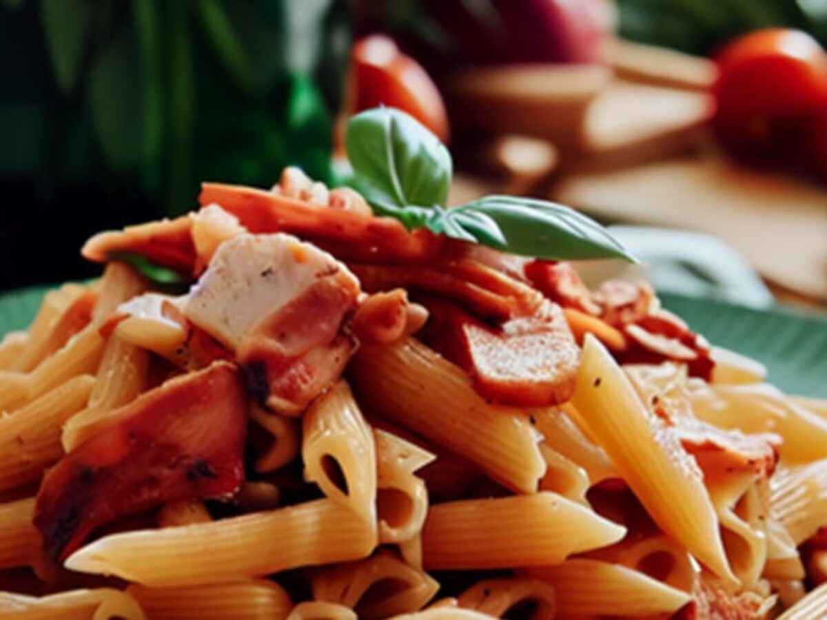 Receta facil de pasta Penne con Pollo, Tomate y Panceta | Mandolina