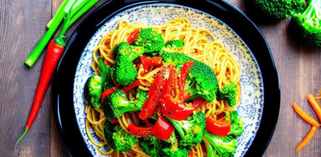 Espagueti con brócoli y pimiento rojo