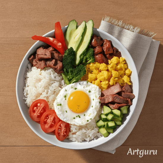 Bowl de Energía Arroz, Carne, Verduras y Huevo 