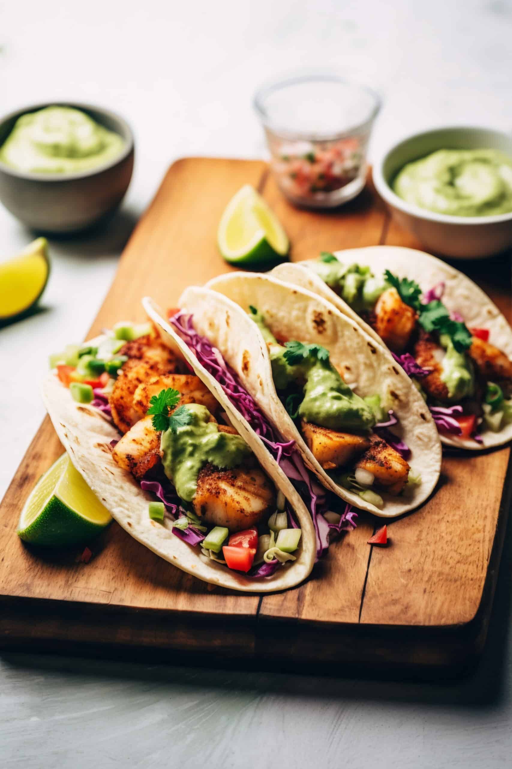 Tacos de salmón con aguacate y salsa tártara 