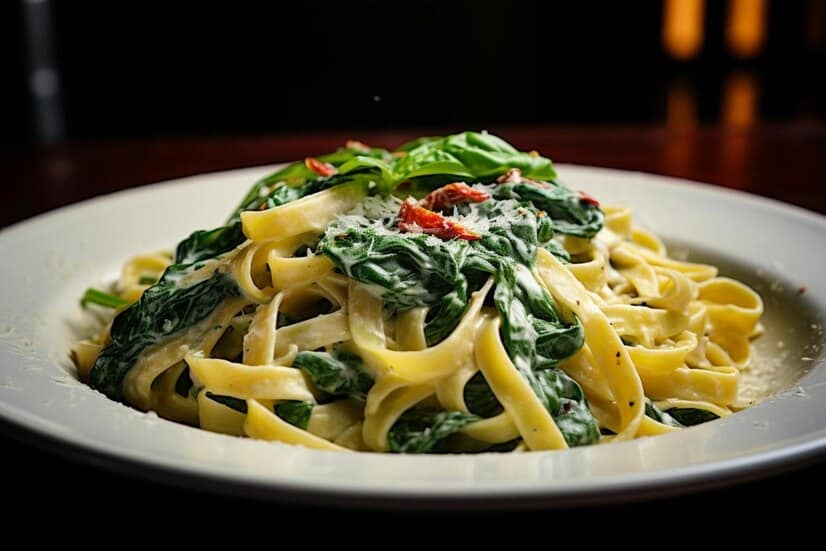 Pasta con espinacas a la carbonara